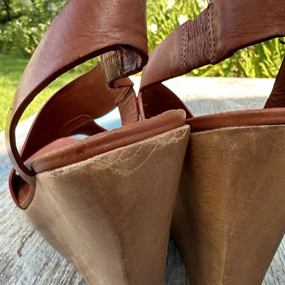 Diane Von Furstenberg Camel Wood Wedge Crossover Heels Women’s 9.5 - 999